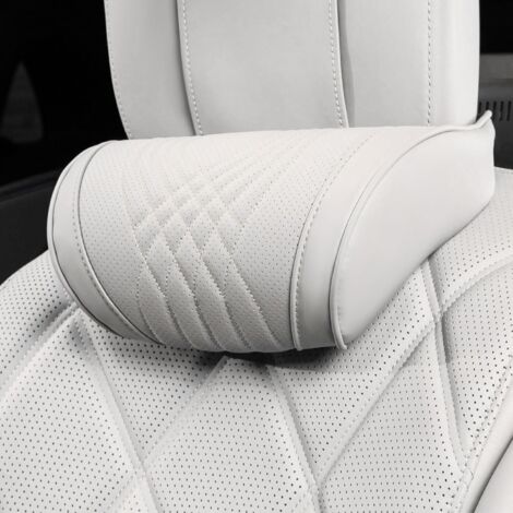 Coussin Appui-tête Voiture - 1 Pièce - Cuir Nappa Et Mousse Mémoire - Soutien Cervical Ergonomique - Pour Siège Auto Et Long Trajet - Blanc Cassé