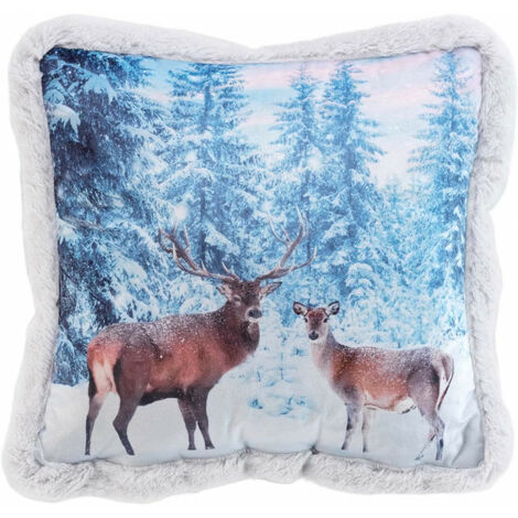 Coussin avec imprimé rennes en velours et imitation fourrure - Bleu- 40 x 40 cm - Livraison gratuite