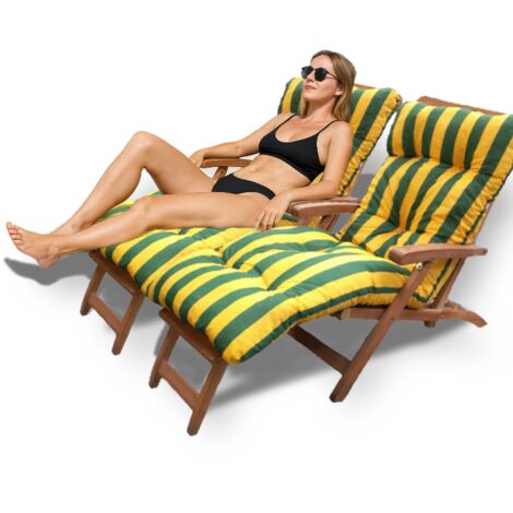 Coussin bain de soleil lignes jaunes et vertes – Remplissage mousse haute densité – Séchage rapide – Large élastique résistant