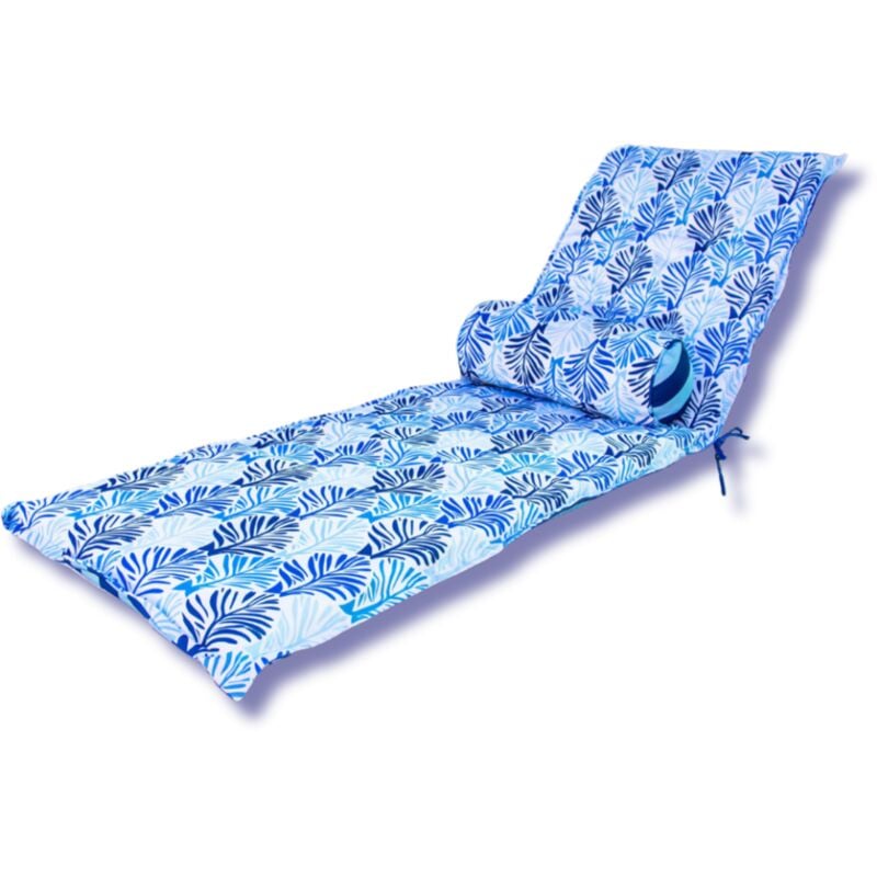 Deco Arts - Ensemble Coussin pour Chaise Longue et Traversin 195x60x5cm & 45x18cm Motif Feuillage Bleu