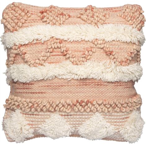 Coussin bohème frangé en laine rose crème