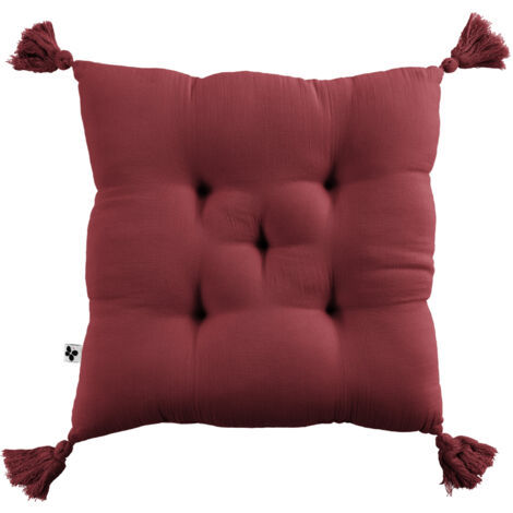 Coussin capitonné 5 points avec pompons gaze de coton 40 x 40 cm gaia lie de vin Bordeaux