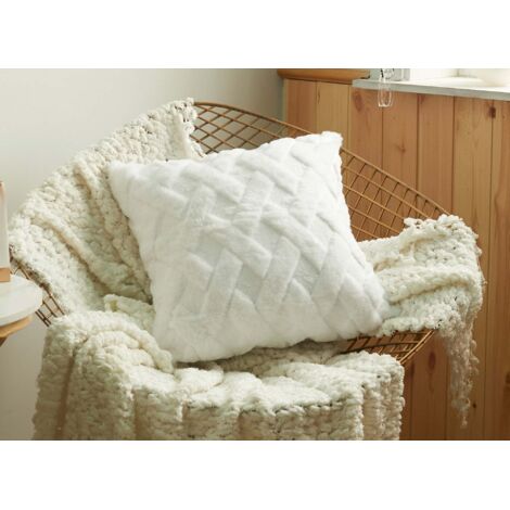 Coussin carré 45x45 cm en tissu à poils effet graphique blanc