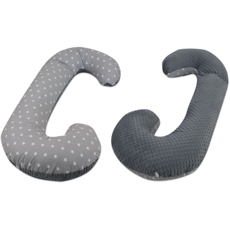 Viking Choice - Coussin d'allaitement - coussin de couchage latéral - tissu minky+coton - forme en 'c' - étoiles grises et roses sur blanc - rose