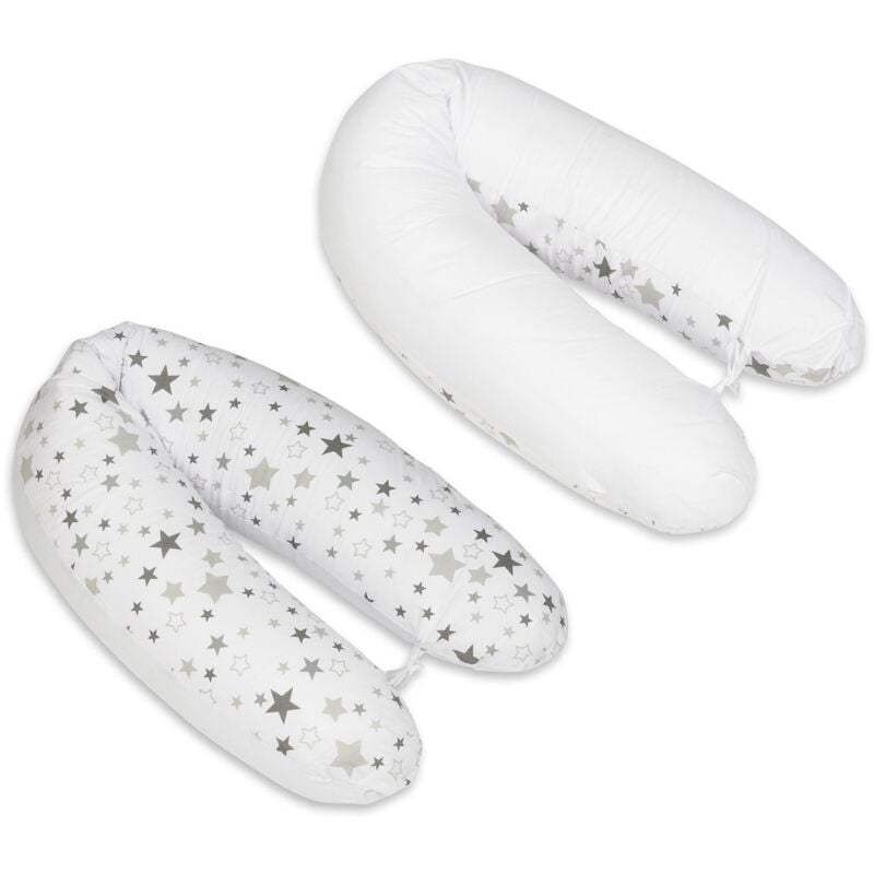 Viking Choice - Coussin d'allaitement - Coussin de grossesse - 100% coton - avec ficelles - 145 cm - étoiles blanches / grises sur blanc - blanc