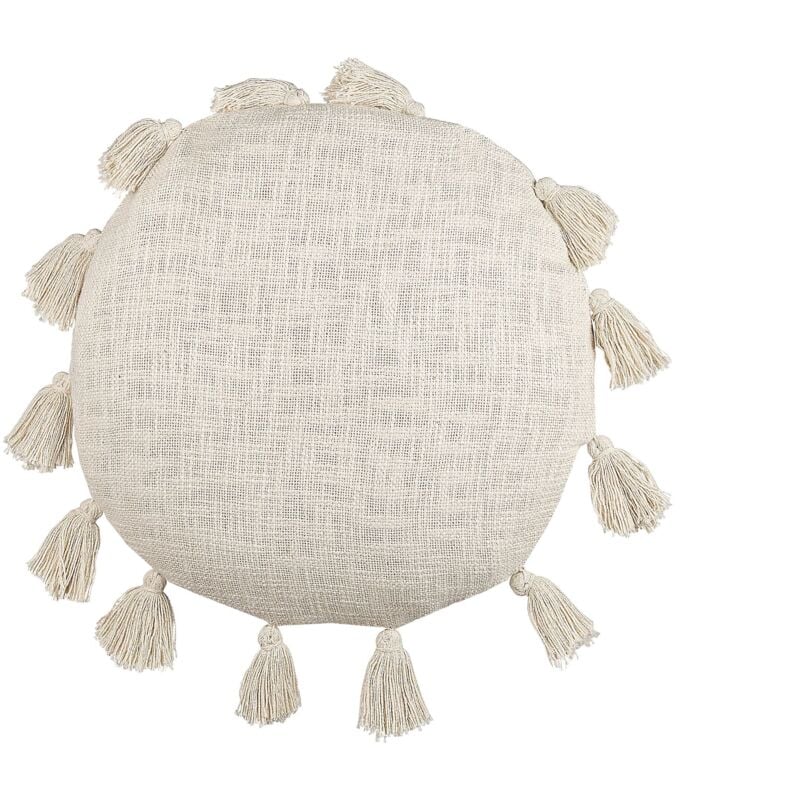 Beliani - Coussin Décoratif Rond en Coton à Pompons Beige 45 cm de Diamètre Style Boho Madia