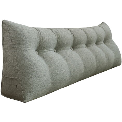 Coussin de lecture triangulaire 180cm – Soutien dorsal en lin gris – Housse lavable et respirante – Poche latérale pour accessoires – Vercart