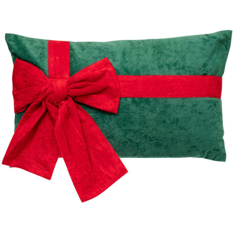 Coussin de Noël Vert Nœud rouge façon paquet cadeau 30 x 50 cm - Feeric Christmas