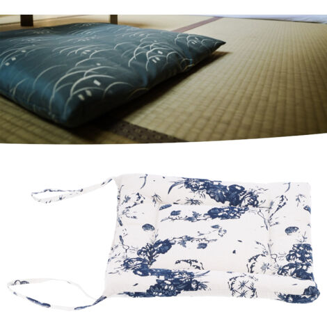 Coussin de siège épais en coton lin simple anti-dérapant avec cordon pour sol (Blanc Ink)