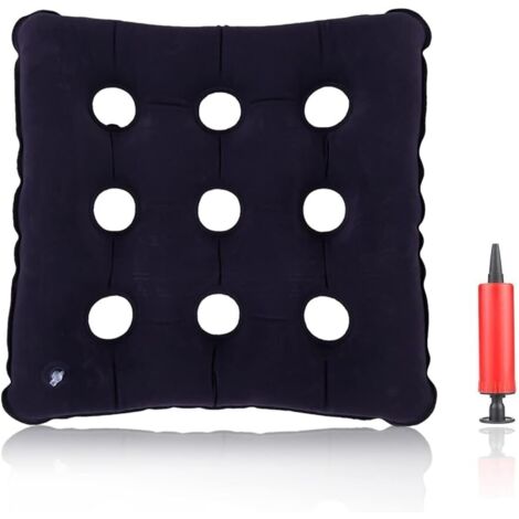 Coussin de siège gonflable - 1 pièce - Matériau PVC souple - Soulage les douleurs du coccyx - Convient pour le bureau, les voyages et la grossesse - Noir (coussin carré floqué bleu à 9 trous)