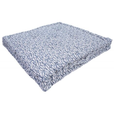 Coussin de Sol 100% Coton 60 x 60 x 8 cm Non Déhoussable avec Poignée et Surpiqûre Motif Feuillage Imprimé Bleu - Bleu