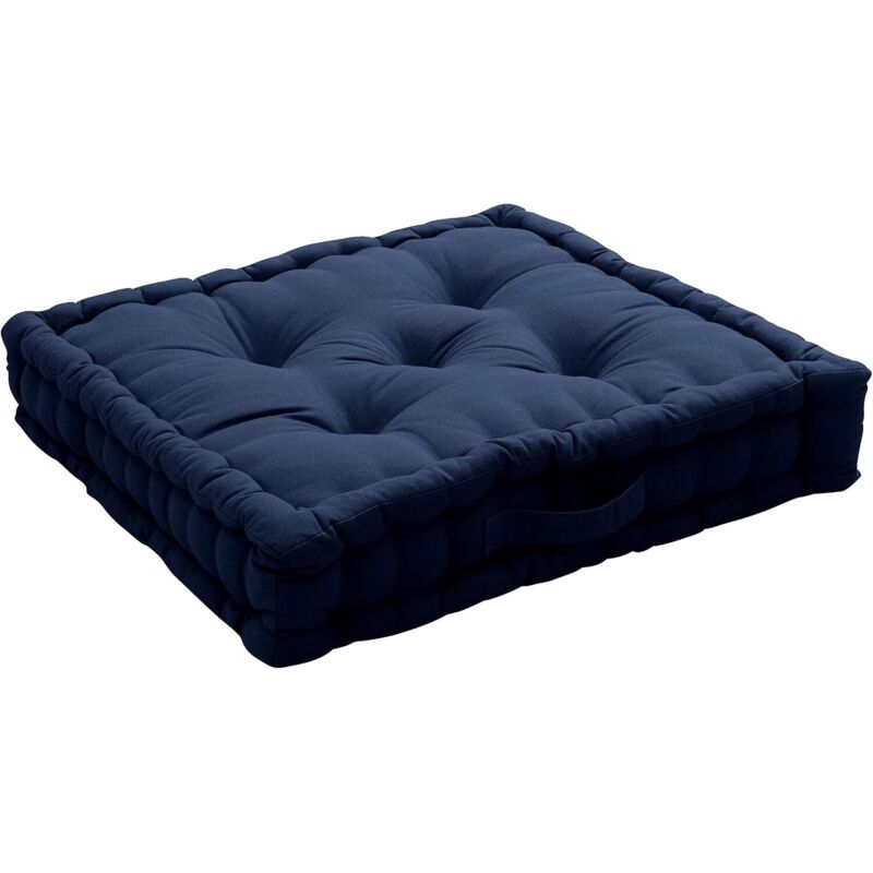 Coussin de sol 42x42 cm bleu marine coton recyclé, poignée, capitonné