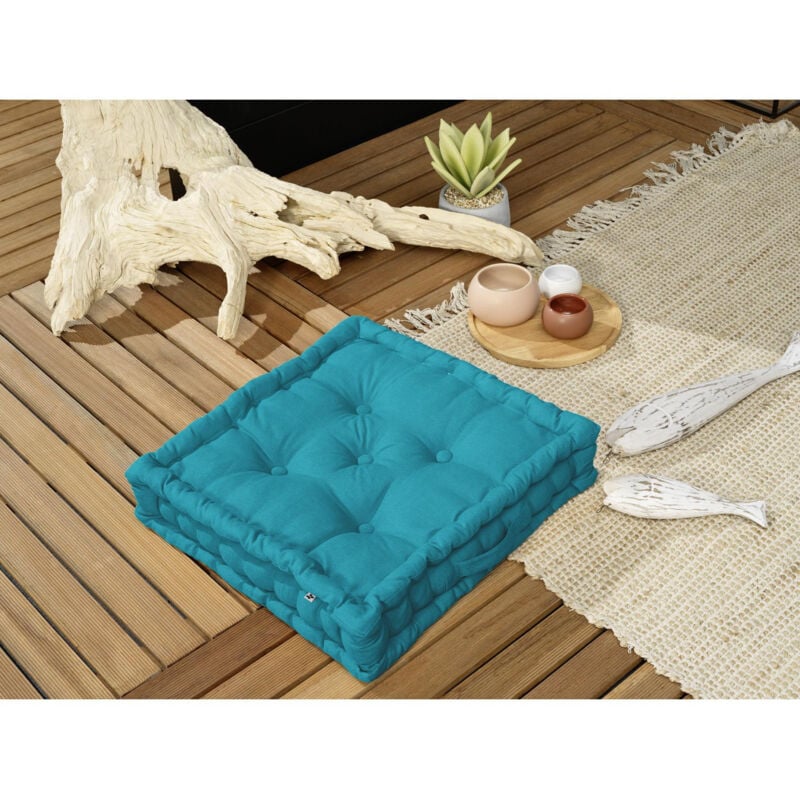 L'effet Papillon - Coussin de sol 50 x 50 x 10 cm Déperlant anti uv Bleu paon