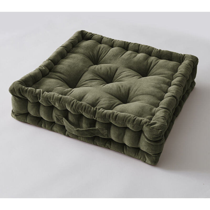 L'effet Papillon - Coussin de sol 50 x 50 x 10 cm velours de coton César Vert kaki