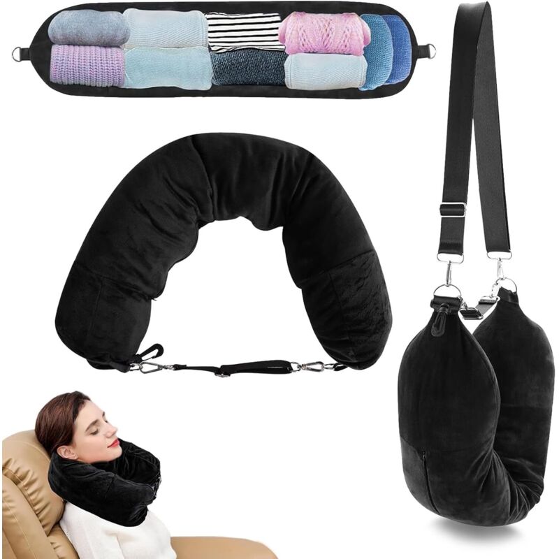 Coussin de Voyage Avion,Remplissable Tour de Cou Avion,Velours de Cristal Oreiller de Voyage,Multifonctionnel Portable Avec Bretelles Réglables