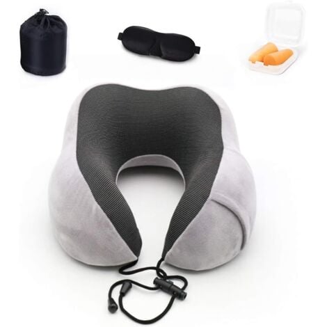 Coussin de Voyage, Oreiller de Voyage Mousse à Mémoire de Forme, Coussin de Support Cervical pour Avion Train,Masque de Sommeil, Bouchons d'oreille et Sac de Transport Fournis