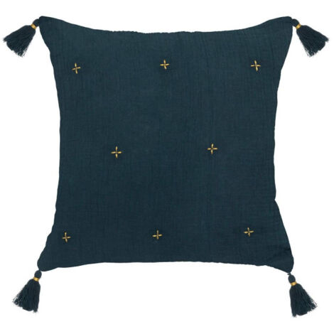 Coussin Déco à Pompons "Millo" 40x40cm Bleu Pétrole