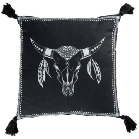 Coussin Déco à Pompons "Mohicana" 40x40cm Noir