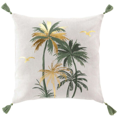 Coussin Déco Pompons "Papeete" 45x45cm Sauge