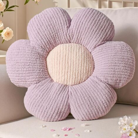 Coussin décoratif à motif floral - 1 pièce - Surface douce et moelleuse - Motif marguerite 3D - Décoration salon/chambre d'enfant - Violet 40 cm (Violet avec centre blanc, six pétales, 40 cm, 0,25 kg)