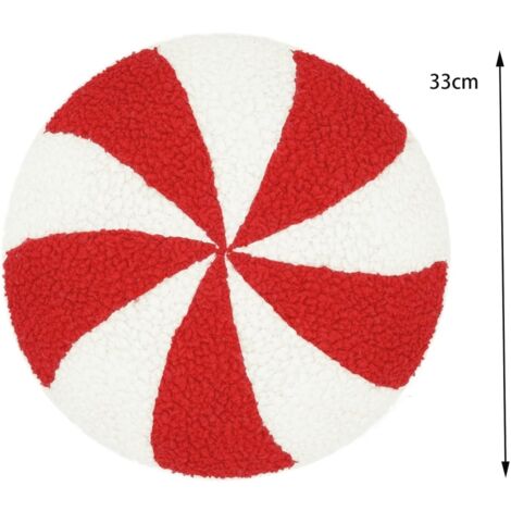 Coussin décoratif de Noël en forme de canne à sucre rouge et blanc, doux en peluche pour les fêtes (forme ronde)