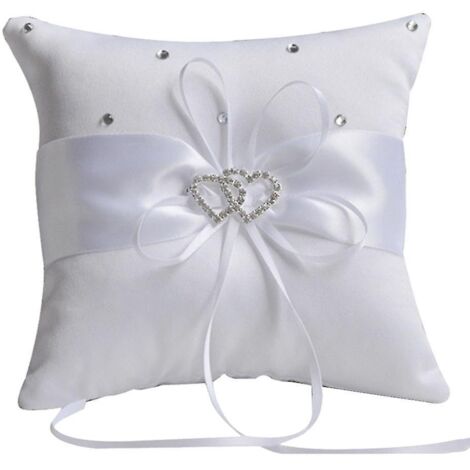 Coussin décoratif romantique blanc 10x10cm pour alliances de mariage, double cœur et ruban.