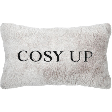 Coussin décoratif toucher fourrure avec message brodé "Cosy up" Gris 30x50 cm