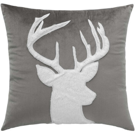 Coussin Déhoussable 45 x 45 cm – Velours Uni & Imitation Fourrure – Motif Cerf - 45x45cm - Gris anthracite