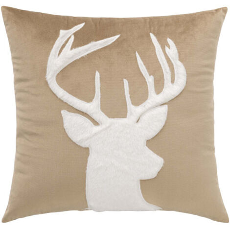 Coussin Déhoussable 45 x 45 cm – Velours Uni & Imitation Fourrure – Motif Cerf - 45x45cm - Sable
