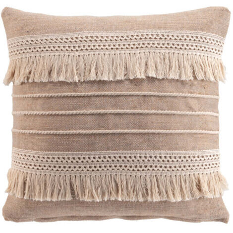 Coussin Déhoussable à Franges 45 x 45 cm – Coton/Polyester – Fantaisie "CIRRUS" - 45x45cm - Taupe
