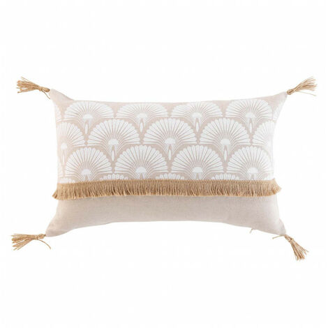 Coussin déhoussable avec pompons – 30 x 50 cm – Polycoton imprimé & jute Bahina Blanc