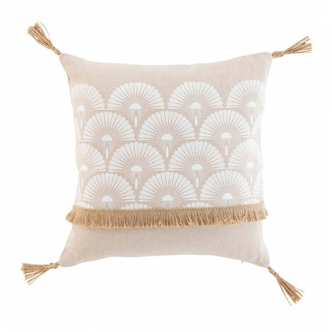 Coussin déhoussable avec pompons – 40 x 40 cm – Polycoton imprimé & jute Bahina Blanc