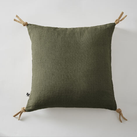 Coussin déhoussable avec pompons en lin lavé 45 x 45 cm soline thym Kaki