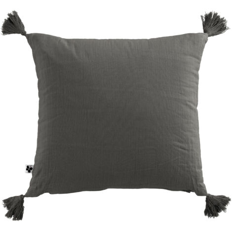Coussin déhoussable avec pompons gaze de coton 40 x 40 cm granit Anthracite