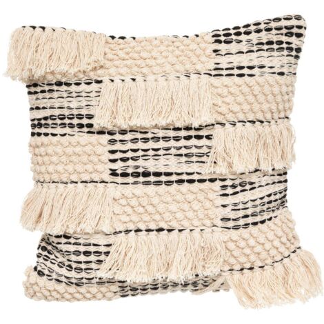 Coussin déhoussable en Coton motifs en relief et franges 45 x 45 cm - Atmosphera