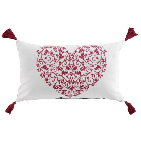 Coussin déhoussable en coton tissé avec pompons et motif coeur Suzon - Blanc et Rouge - 30 x 50 cm - Livraison gratuite