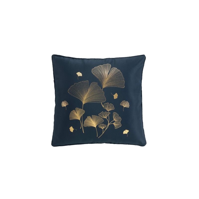 Coussin déhoussable en tissu avec motif feuilles de ginkgo Bloomy - Bleu et Doré- 40 x 40 cm - Livraison gratuite