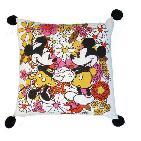 Coussin Disney Mickey & Minnie main dans la main Multicolors avec motifs fleurs tout autour - 45x45 cm - Multicolor
