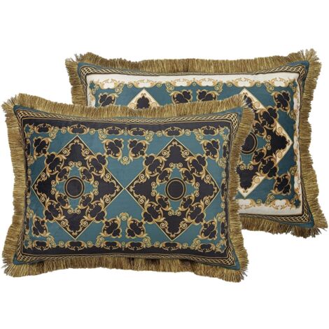Coussin en velours garni de plumes et de franges 60x13x45 cm