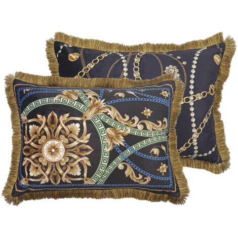 Coussin en velours garni de plumes et de franges 60x13x45 cm