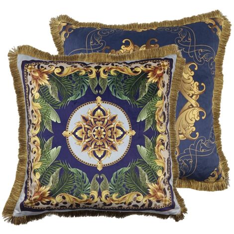 Coussin en velours garni de plumes et de franges 60x13x60 cm
