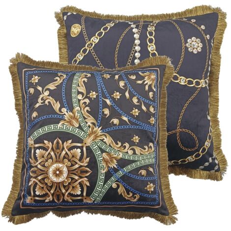 Coussin en velours garni de plumes et de franges 60x13x60 cm