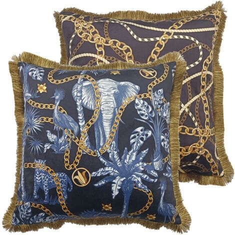 Coussin en velours garni de plumes et de franges 60x13x60 cm