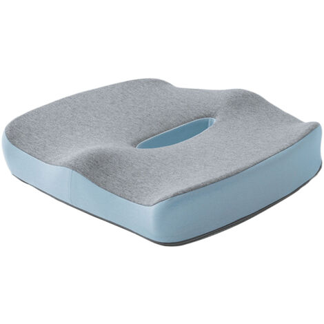 Coussin ergonomique mémoire de forme bleu clair pour siège auto et bureau, anti-douleur et aéré.
