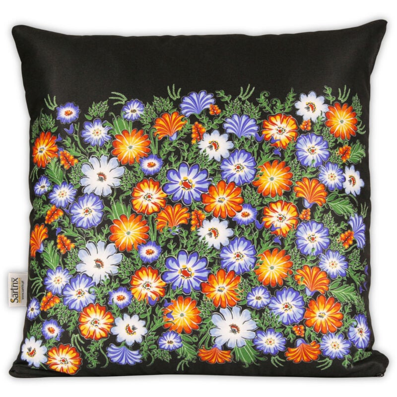 Coussin folklorique d'Opole, fleurs, prairie noire