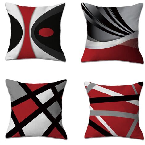 Coussin, Housses de coussin-Moderne-Rayures rouges-Grises-En acrylique grasse-Grises-Décoratives-Carré-45 x 45 cm  4 pièces