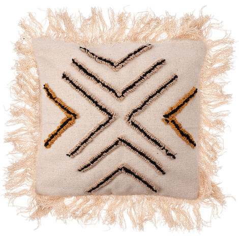 Coussin noir et beige avec franges 45 x 45 cm