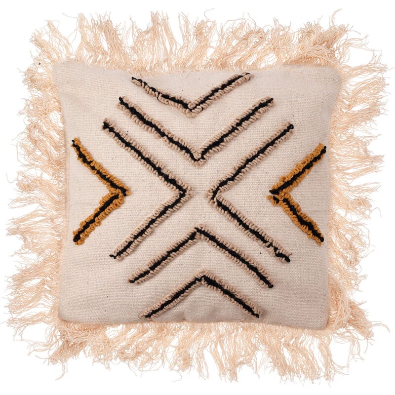 Coussin noir et beige avec franges 45 x 45 cm