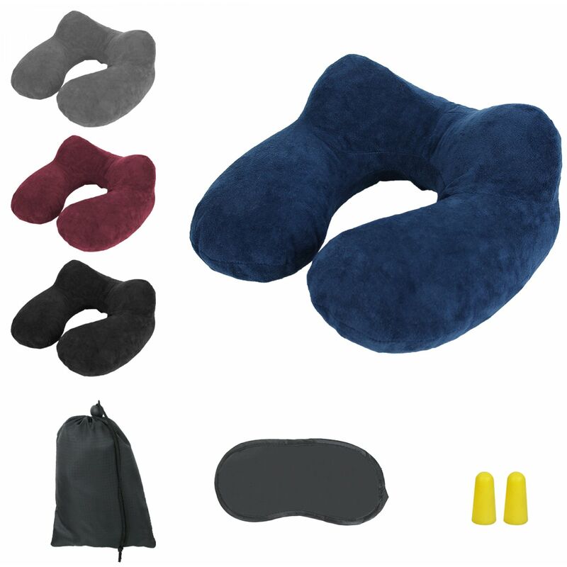 Coussin, oreiller de voyage gonflable avec bouchons d'oreilles, masque de nuit et sac de rangement - Bleu - Vivezen