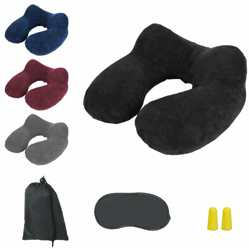 Coussin, oreiller de voyage gonflable avec bouchons d'oreilles, masque de nuit et sac de rangement - Noir - Vivezen